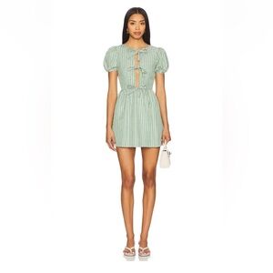 Heather Mini in Green Strip Puff-Sleeve Tie-Front Mini Dress